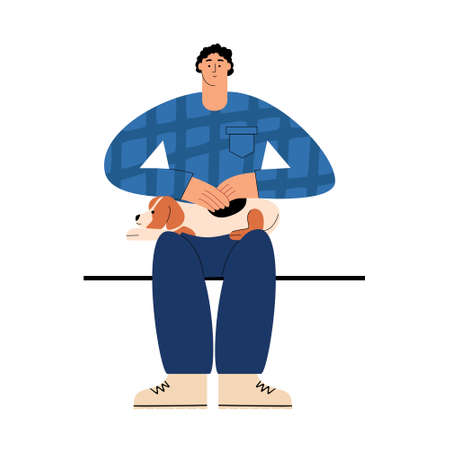 A man petting a dog. Animal emotional support. A young male character is stroking his pet. Vector illustration in flat styleのイラスト素材