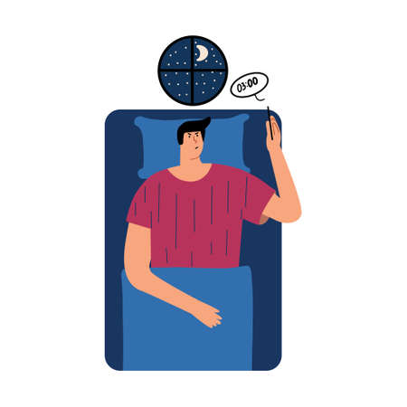 A man cannot sleep, looks at his watch on another phone. Insomnia, trouble falling asleep. Vector illustration in flat styleのイラスト素材