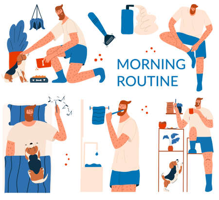 A set of scenes with a male character doing his morning routine. A cute man feeds the dog, wakes up in bed, talks on the phone, drinks coffee, puts on socks, brushes his teeth. Vector illustrationのイラスト素材