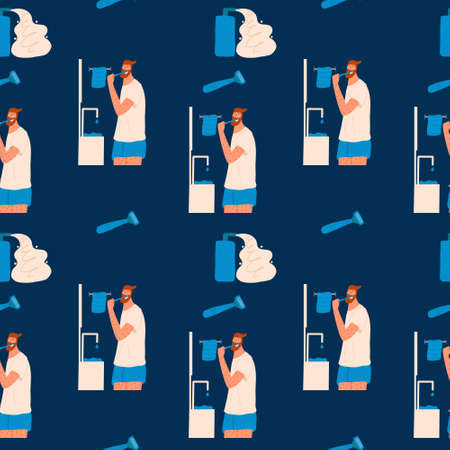 Seamless pattern with cute bearded man brushing his teeth at home. Vector illustration in flat styleのイラスト素材