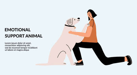 Animal emotional support concept. Girl with a labrador. Landing page, design, template. Vector hand drawing illustration.のイラスト素材