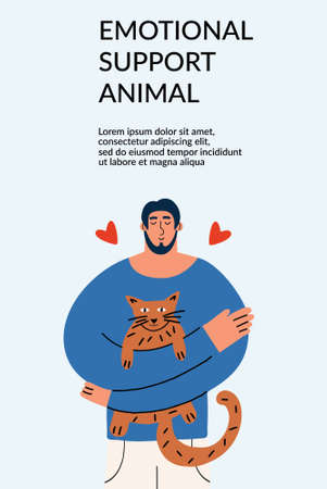 The concept of emotional support by animals. A man hugs a cat. Positive Mental Therapy. Vector illustrationのイラスト素材