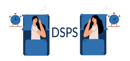 Sleep phase delay syndrome concept. The girl is sleeping in the bed. Disrupted schedule of the day. Vector illustration in a flat style.のイラスト素材