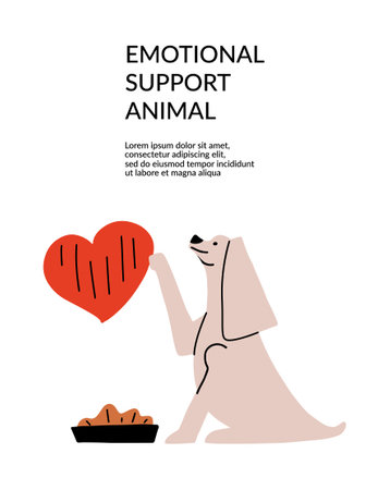 The concept of emotional support by animals. Cute dog with a heart and a bowl of food. Flyer, postcard design. Vector illustration in hand drawing style.のイラスト素材