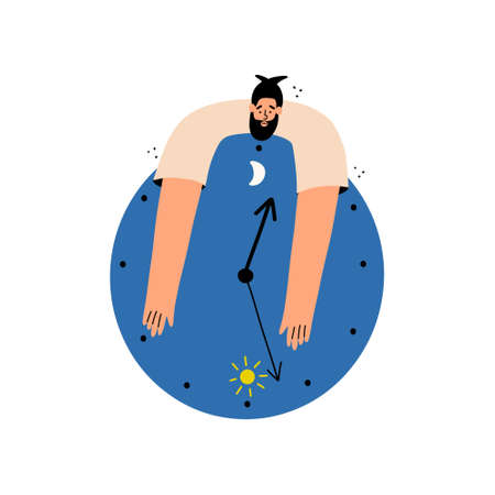 The man cannot sleep and looks at his watch. The person suffers from insomnia, depression. Vector illustration in a flat style.のイラスト素材