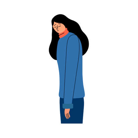 The girl feels sad and lonely. Young introvert woman in depression. A character with his hands and head down. Vector illustration in a flat style.のイラスト素材