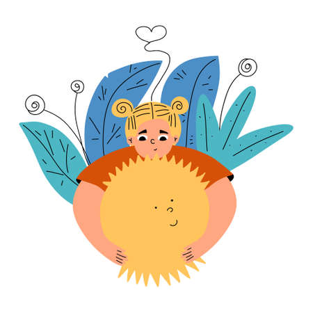 The concept of the positive mental health of the child. The girl smiles and hugs the sun with her hands in nature. Vector illustration in flat styleのイラスト素材