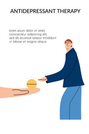 Antidepressant medical therapy concept for depression. The man reaches for the sun pill. Vector illustration.のイラスト素材