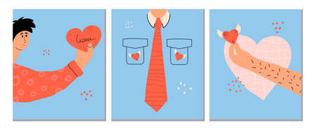 Set of romantic postcards for Valentine's Day. Vector hand drawing style illustration with cute male...