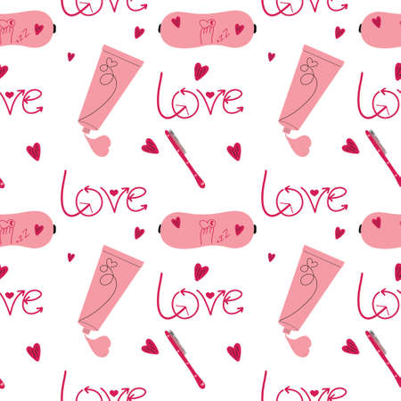 Seamless trendy girlish pattern with pink objects. Comb, sleep mask, heart, cosmetic cream. Vector romantic hand drawing illustration.のイラスト素材