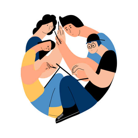 Tech neck concept. Family with gadgets. Vector illustration in flat styleのイラスト素材