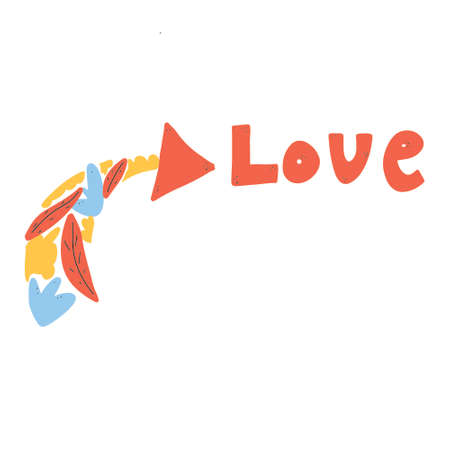 Art arrow with abstract leaves and flowers and lettering the word love. Romantic element. Vector hand drawing illustrationのイラスト素材