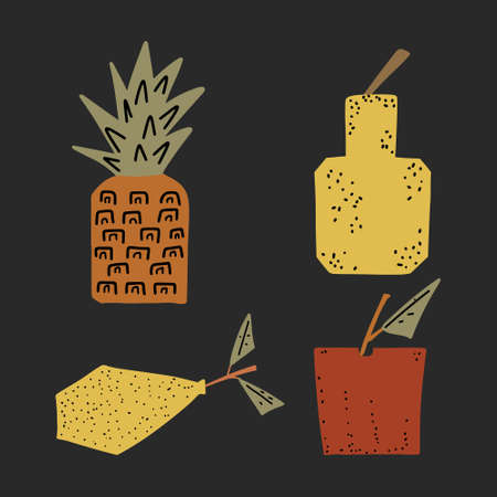 Set of abstract fruits with texture. Apple, pineapple, lemon, pear. Vector illustration hand drawnのイラスト素材