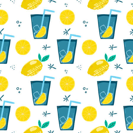 Seamless color pattern with texture lemons and lemonade on a white background. hand drawn vector illustration.のイラスト素材