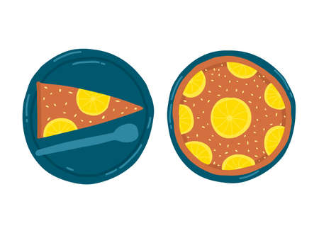 Whole lemon pie and slice on plates. Vector illustration hand drawn styleのイラスト素材