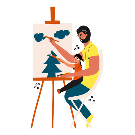 The father paints a picture with his daughter. Joint creative activity of a parent with a child. Vector hand drawn illustrationのイラスト素材