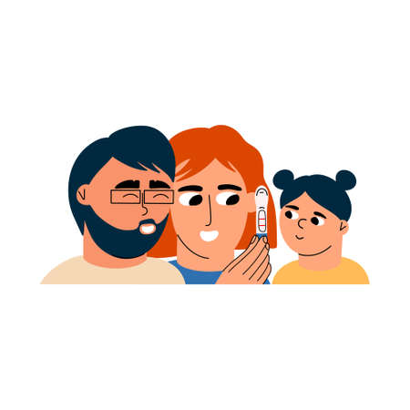 A family of dad, mom and daughter look at positive pregnancy test results. waiting for a child. Vector illustration in flat styleのイラスト素材
