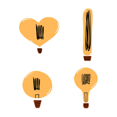 Set of different retro vintage light bulbs in hand drawn style. vector illustrationのイラスト素材