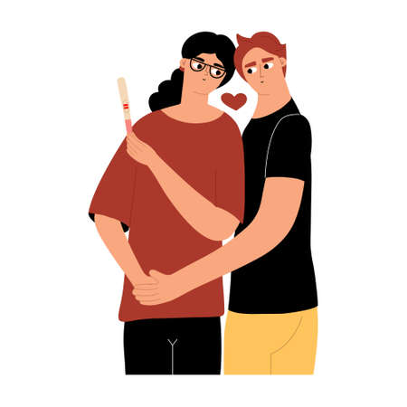 Young happy family expecting a baby. The expectant mother holds a positive pregnancy test in two strips in her hands and shows it to the future father. Vector illustration in a flat style.のイラスト素材