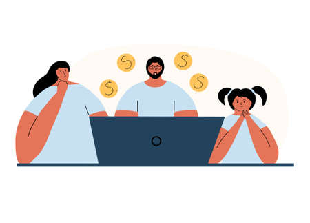 The concept of a family business on the Internet. Passive income, earnings online. Father, mother and daughter are looking at a laptop. Vector illustration in flat styleのイラスト素材
