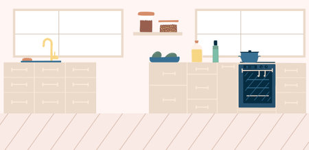 Modern kitchen interior design. Vector illustration in flat styleのイラスト素材