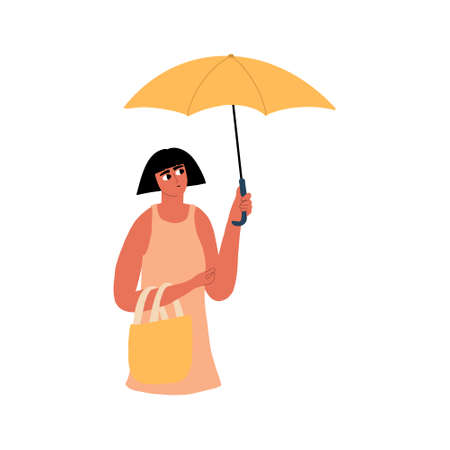 The girl holds an umbrella from the sun in her hand. Vector illustration in flat styleのイラスト素材