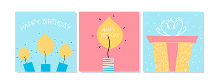 Flat design birthday cards with candles and holiday box. vector illustrationのイラスト素材