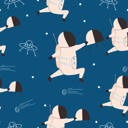 Space seamless pattern with astronaut and satellite. vector illustration for printのイラスト素材