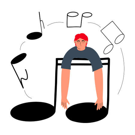 The girl suffers from an obsessive melody in her head. Obsessive-compulsive disorder concept. Vector illustration in flat styleのイラスト素材