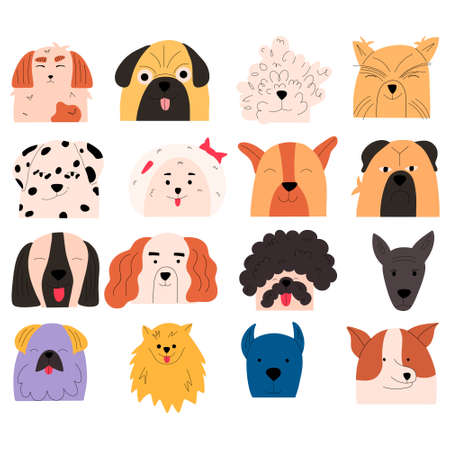 Set of portraits of emotional dogs of different breeds. Collection of cute animal characters. Vector illustration in flat styleのイラスト素材