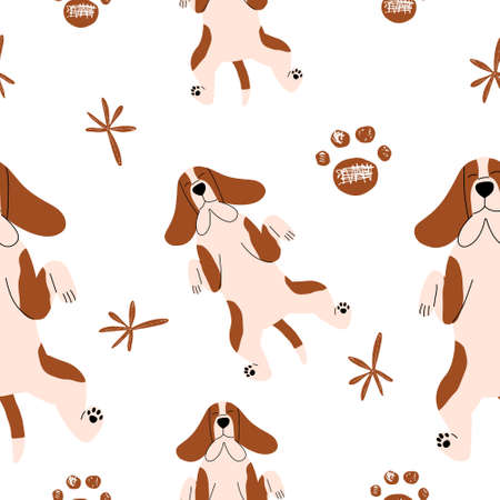 Seamless pattern with cute Basset Hound dog. Vector illustration in a flat style.のイラスト素材