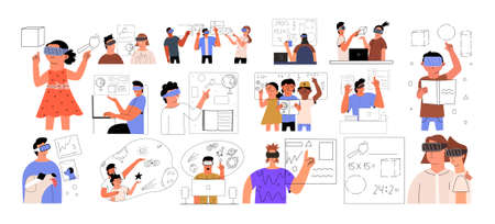 A big set of augmented reality interaction concepts. People in AR glasses study courses, work, play. Set vr scenes. Vector illustration in flat styleのイラスト素材