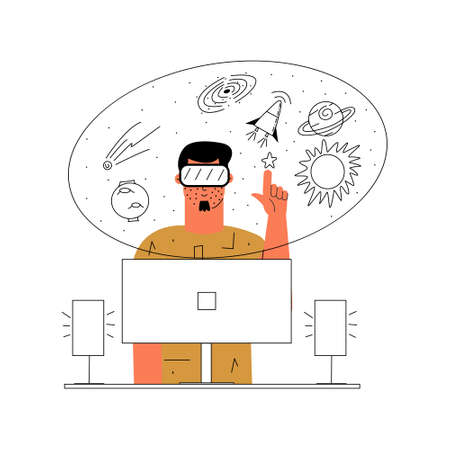 The concept of augmented reality. A man in AR glasses is watching the processes in the Universe. Vector illustration in flat styleのイラスト素材