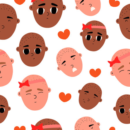 Seamless pattern with emotional portraits of small children. Vector illustration in flat styleのイラスト素材