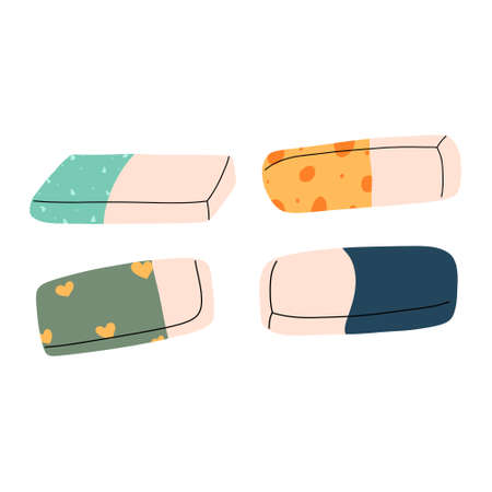 A set of colorful erasers for school. Vector illustration hand drawn in styleのイラスト素材