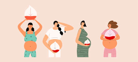 Pregnant women suffer from anemia. The concept of hypoglycemia. Girls hug a drop of blood with a poor sugar indicator. Vector illustration in flat style.のイラスト素材