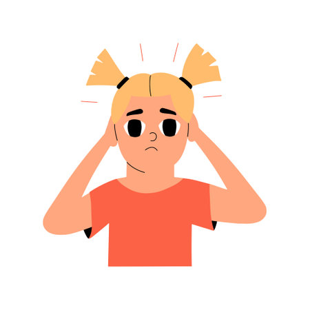 The child is suffering from a headache. Symptom of coronavirus, flu, disease. The girl put her hands on her head. Vector illustration in flat styleのイラスト素材