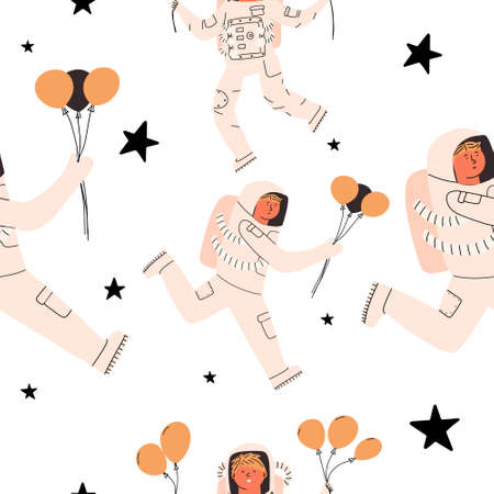 Cheerful children astronauts with balloons. Vector illustration in a flat style. Seamless pattern.のイラスト素材