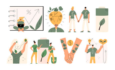 A large set of concepts with ESG characters. Environmental, social and corporate governance illustration in flat styleのイラスト素材