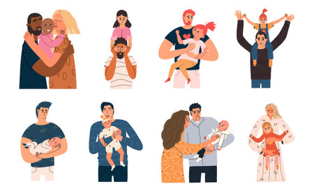 Parent hug children flat set. Collection of characters with kids. Moms, dads, daughters and sons laugh together. loving parents.のイラスト素材