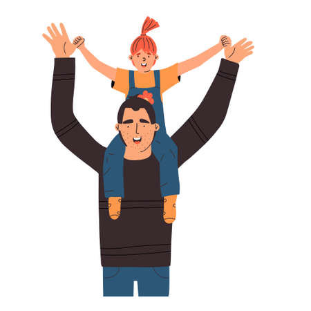 The daughter sits on the father's neck and laughs. The father plays with the child. happy fatherhood concept. Vector illustration in flat styleのイラスト素材