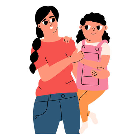 Mom holds her daughter in her arms. A mother's love for a child. Vector illustration hand drawn in styleのイラスト素材