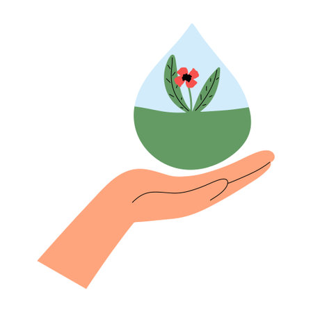 The concept of caring for the environment. Hand and a drop of water with a flower inside. Vector illustration in flat styleのイラスト素材