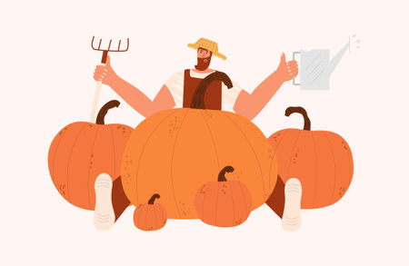 Farmer and pumpkin harvest. Vector illustration in hand drawn styleのイラスト素材