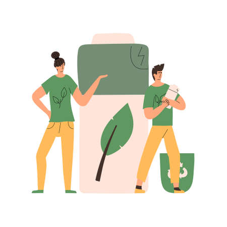 ESG concept. Eco-friendly recycling of alkaline batteries. Collective concern for the environment. Vector illustration in flat styleのイラスト素材