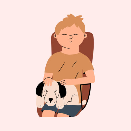 The child sits on a chair and strokes the puppy. Emotional support animal. Vector illustration in flat styleのイラスト素材