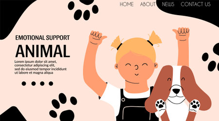 girl and puppy. Banner for emotional support animal service, veterinary clinic. Vector illustration in flat styleのイラスト素材