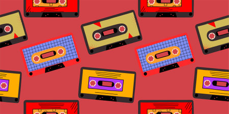 Retro pattern with audio cassettes 80s, 90s. Disco background. Vector illustration in pora style