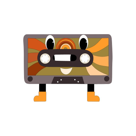 Retro hippie audio cassette character, in 70s, 80s style. Vector illustration in a flat style.のイラスト素材