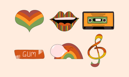 Set of retro stickers, 70s and 60s. Collection of groovy elements. Lips, heart, audio cassette, chewing gum, rainbow. Vector illustration in flat styleのイラスト素材